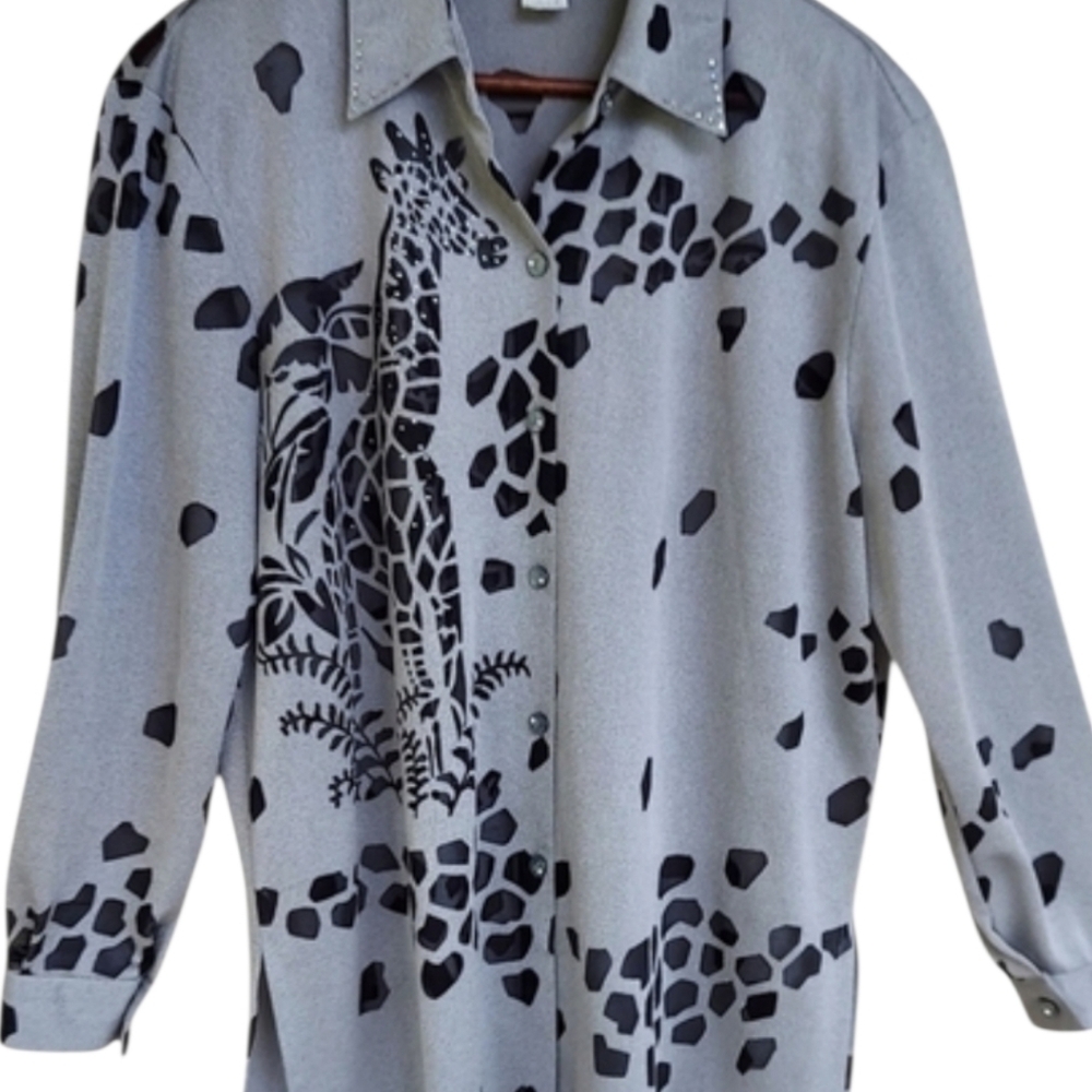 Vintage Amber Dawn Silver & Black Rhinestone Giraffe Print Button Down